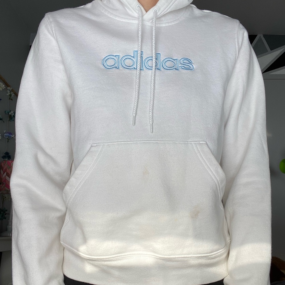 White Adidas hooded sweatshirt with blue embroidery